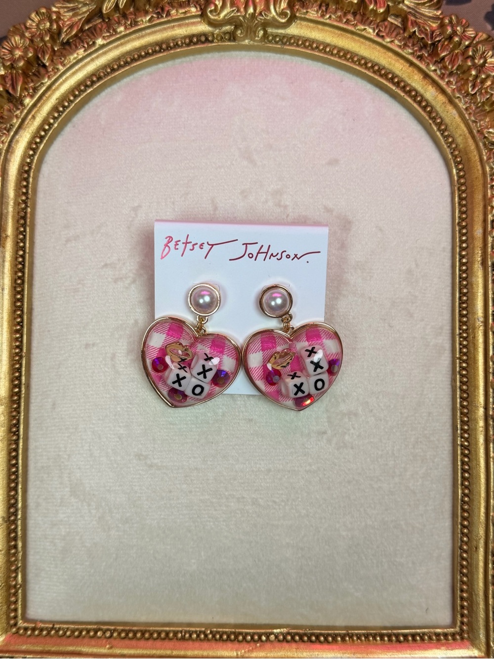 Betsey Johnson Pink Heart XO Earrings Pearl Gingham Statement